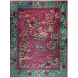 1920s Antique Pink Open Field Pictorial Room Size Knotted Chinese Art Deco Rug 8'0" x 11'0" Area Rug