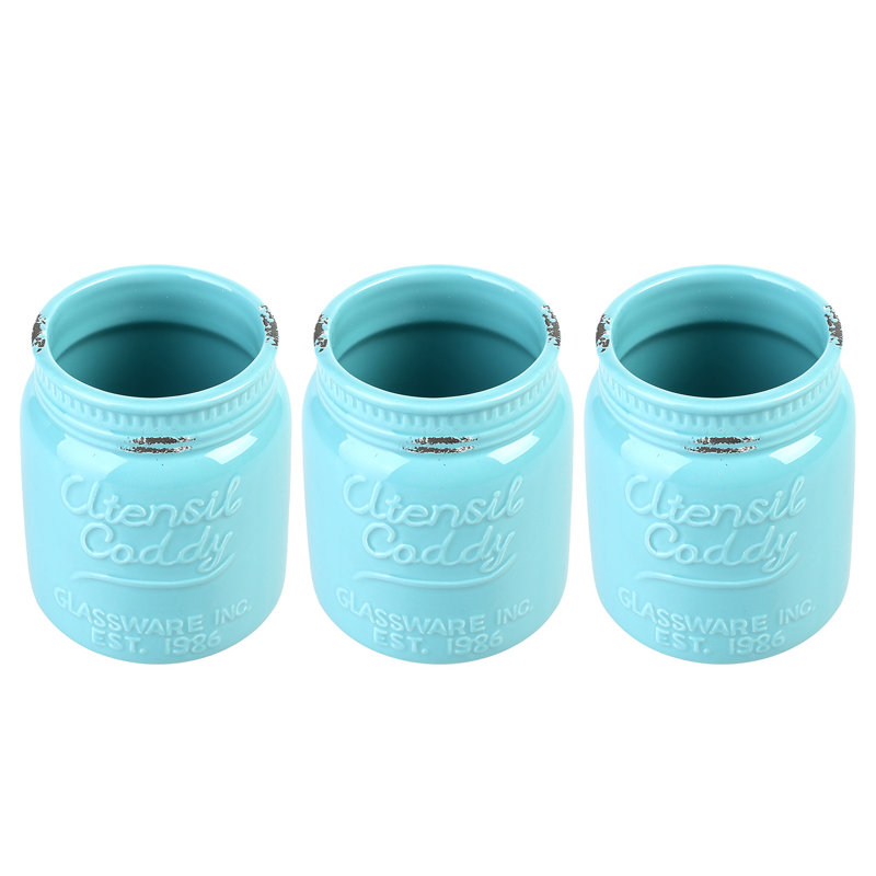 Ceramic / Porcelain Round Utensil Crock, Aqua Blue