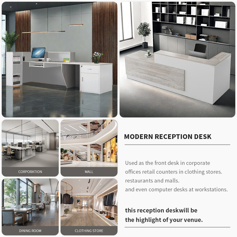 L-Shaped Reception Desk with Lockable Drawers, Computer Desk, and Storage Shelves/Front Desk, 41.33" H x 94.5" W x 39.37" D