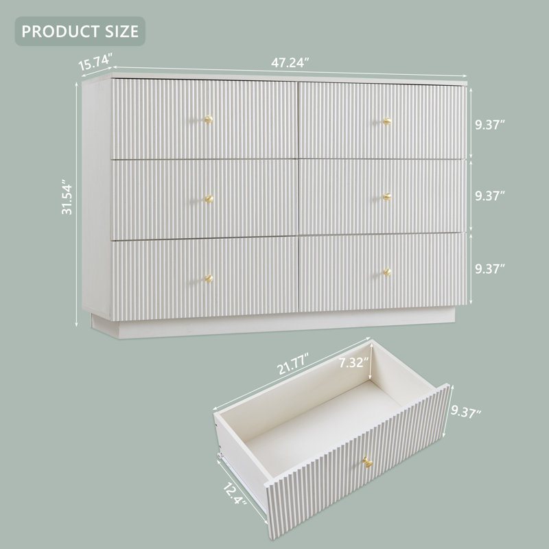 Aberdeen Fluted 6-Drawer Dresser, 47" Wide Dresser Storage Organizer, Chest of Drawers with Deep Storage, Modern Bedroom Chest for Closet Hallway, Entryway, Living Room, White