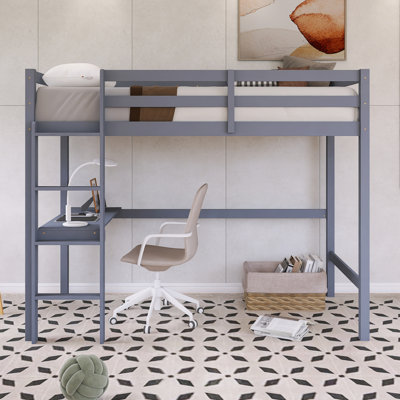 Lit mezzanine simple à structure en bois avec barrière de sécurité et bureau intégré
