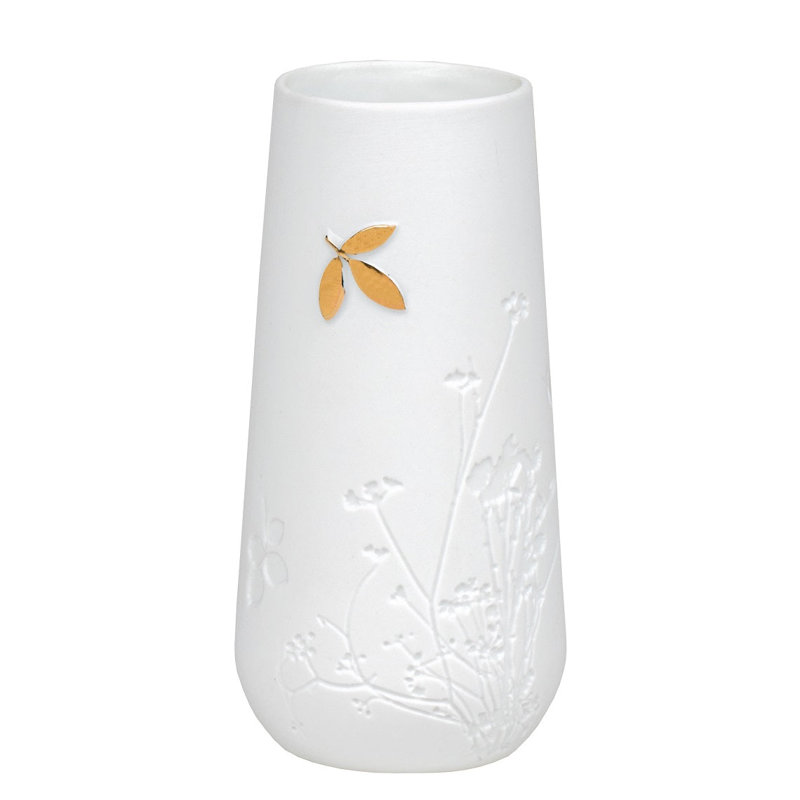 Porcelain Stories Vase With Gold Floating Leaf, 3.5" H x 1.4" W x 1.4" D