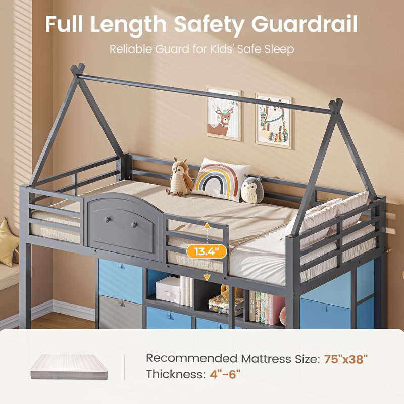 Lit mezzanine simple simple avec 9 tiroirs de rangement, bibliothèque et lumières DEL, lit mezzanine simple en métal en forme de maison avec marchepied et garde-corps, lit mezzanine pour enfants avec espace de jeu sous le lit