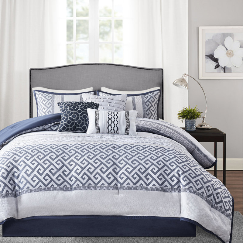 Luxury Navy Bedding King - 7 Pieces With Comforter, Shams & Bed Skirt Piece For Machine Washable Comforter, Navy