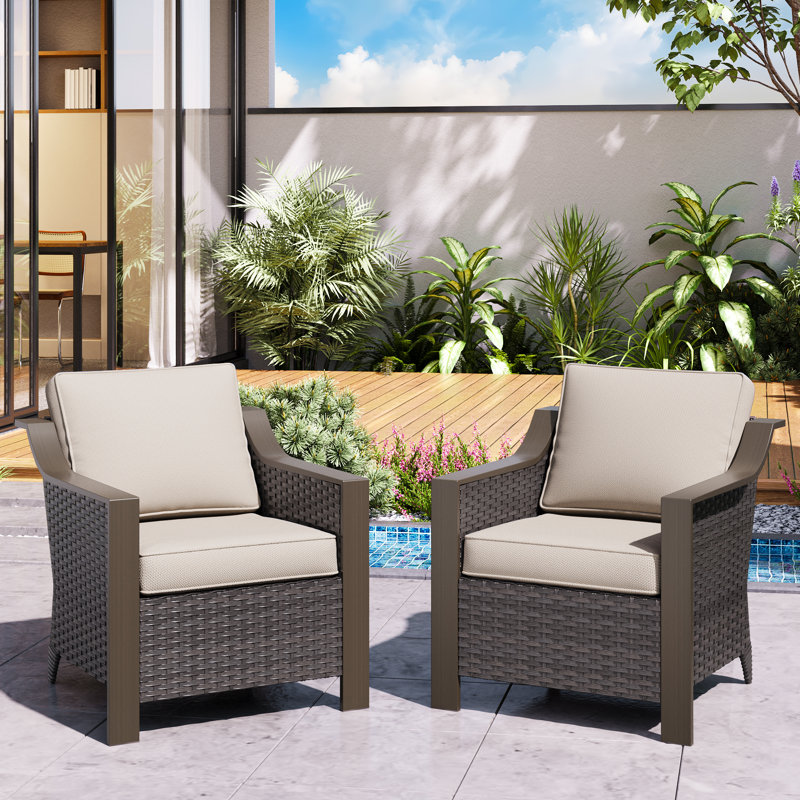 2-Piece All-Weather Wicker Patio Arm Chairs with Tufted Cushions, Fade Resistant, Beige