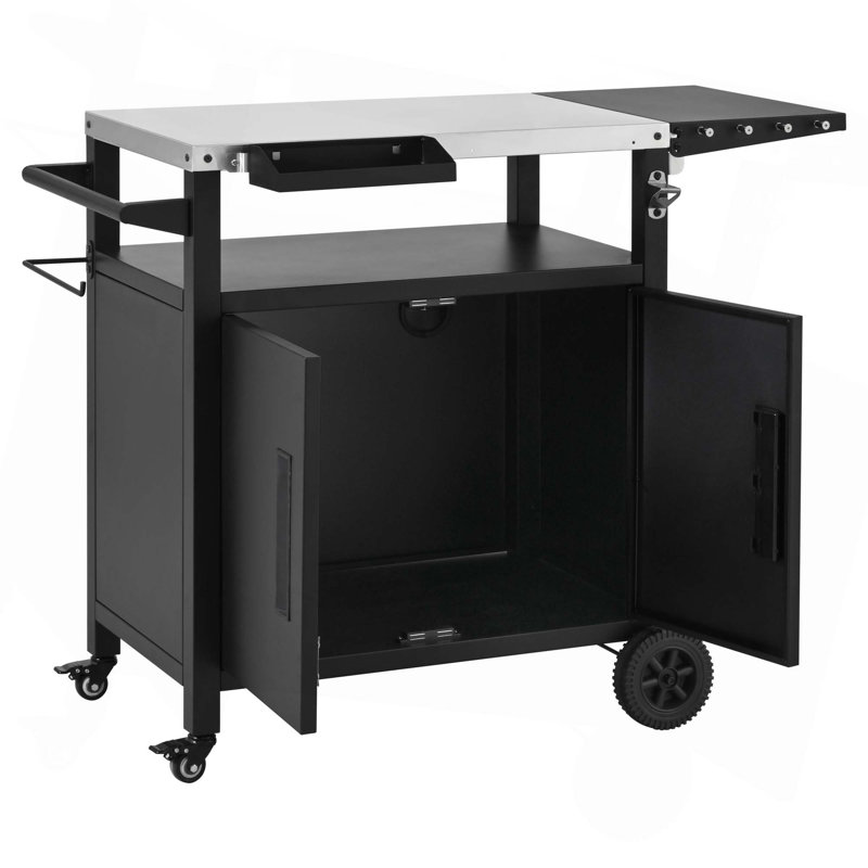 Chariot de barbecue extérieur en métal avec armoire de rangement, table pliable, roulettes, plateau en acier inoxydable, crochets et support à épices