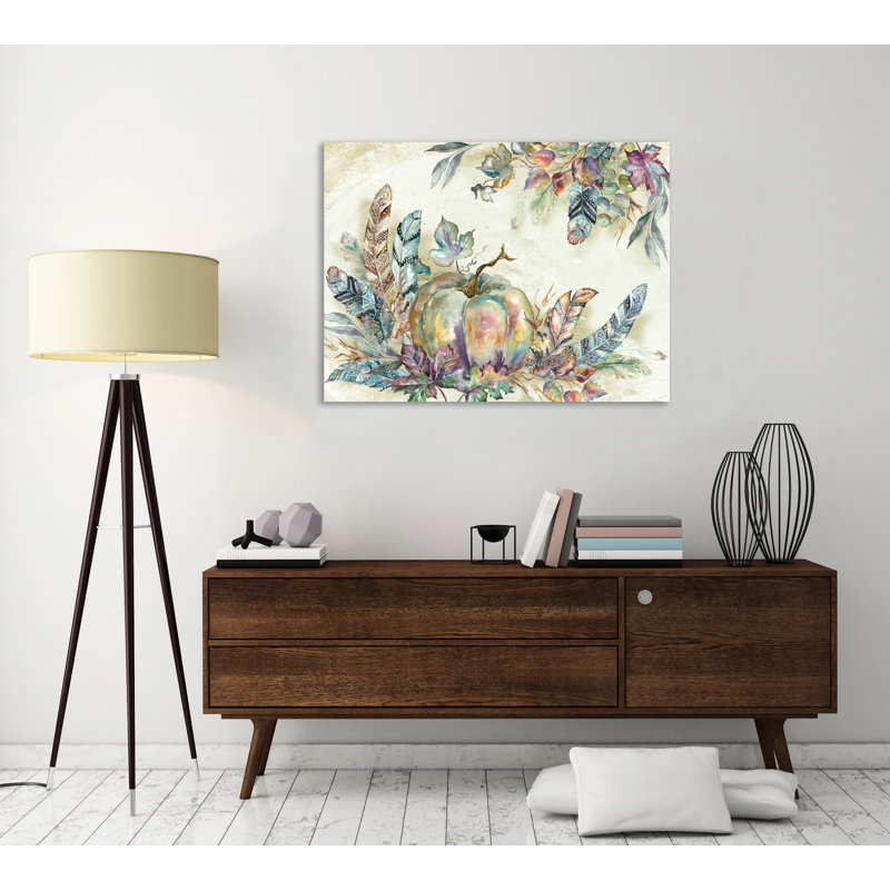 Autumn Jewel Leaves, Pumpkin & Feathers - Wrapped Canvas Painting, 30.5 cm H x 40.6 cm W