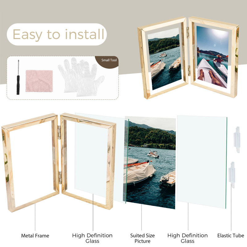 Hinged Floating Metal Frame with Real Glass, Gold, 4" x 6"