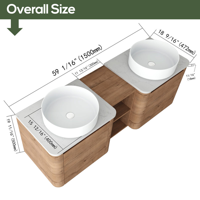 60'' Floating Double Bathroom Vanity with Ceramic Sink