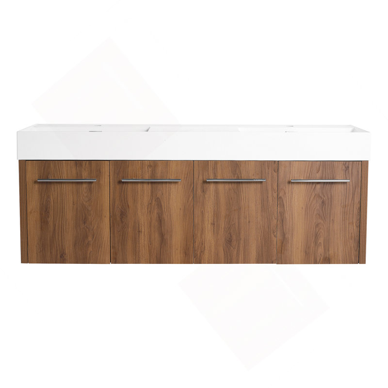 Meuble-lavabo mural avec lavabo double en résine, charnières de porte à fermeture douce, matériau durable, idéal pour plusieurs utilisateurs et facile d'entretien.