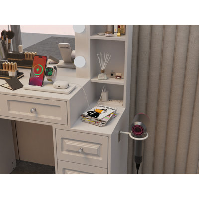 Vanity Desk with with Mirror and Lights,Makeup Vanity Table wwith Lighted Mirror & Charging Station, Vanity Desk Dresser(Stool NOT Included)