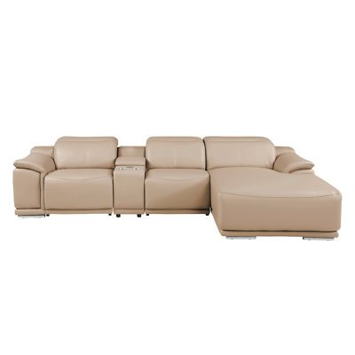 Canapé modulaire en L en cuir véritable 4 pièces BEIGE faisant face à droite avec 2 fauteuils inclinables et appuis-tête réglables