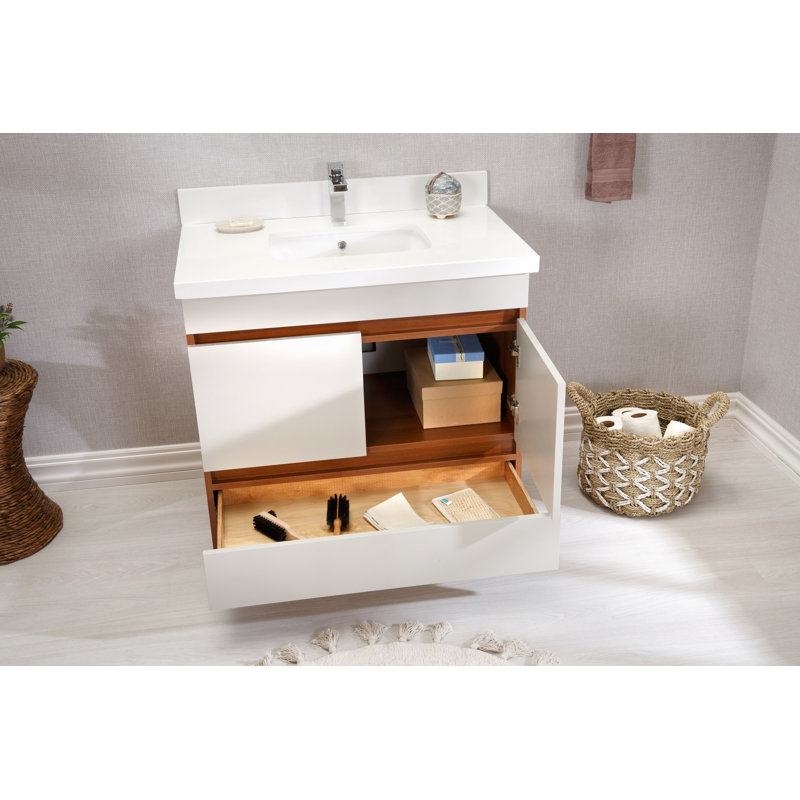 Ensemble de meuble-lavabo simple 35,4 po avec miroir Lambard, Noyer / Blanc