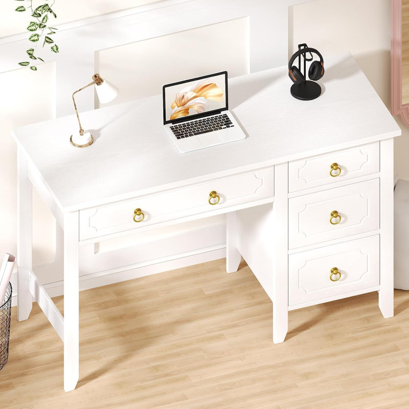 Bureau d'ordinateur avec 4 tiroirs, petit bureau de 45 po pour bureau d'écriture, coiffeuse de maquillage avec poignée dorée pour filles