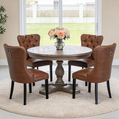 5-Piece Dining Set Mid-Century Modern Round Wooden Table & Upholstered Chair Set For Home, Kitchen, Dining Room