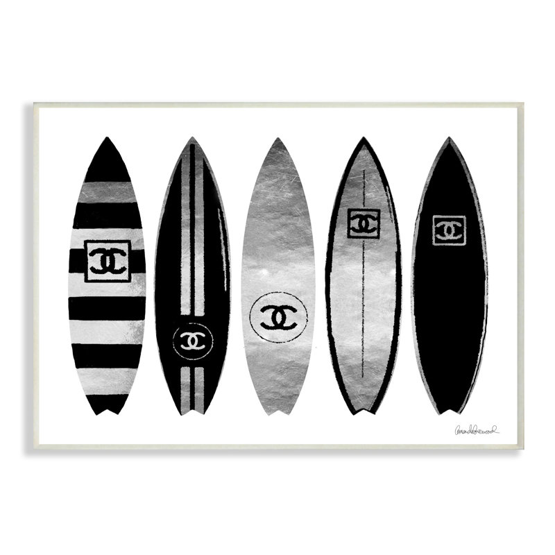 Créatrice de mode, planches de surf, art mural surdimensionné à l'aquarelle argent noir par Amanda Greenwood, Plaque murale