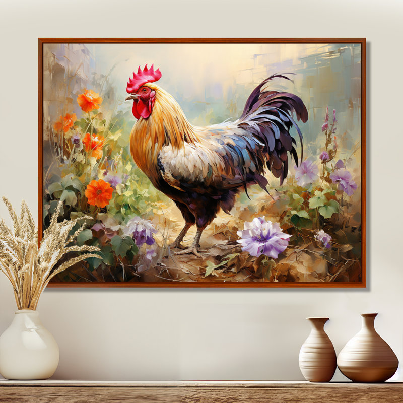 Red Melody Rooster s floral jardins - Coq, art mural, H 24 po x l 32 po x P 1 po, Brown Floater Frame