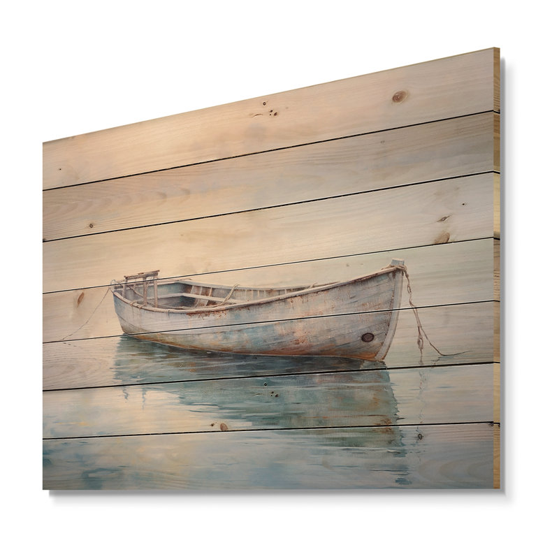 Bateau, eaux éthérées, impression sur bois naturel, H 30 po x l 40 po x P 0,78 po