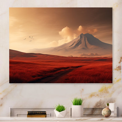 «Red and Grey Volcano Landscape - Mountains», reproduction d'art sur métal