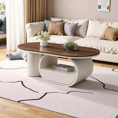 Luxury Oval Coffee Table with Storage Drawer, Antique Brown & White Metal Base, 47.24" Living Room Center Table