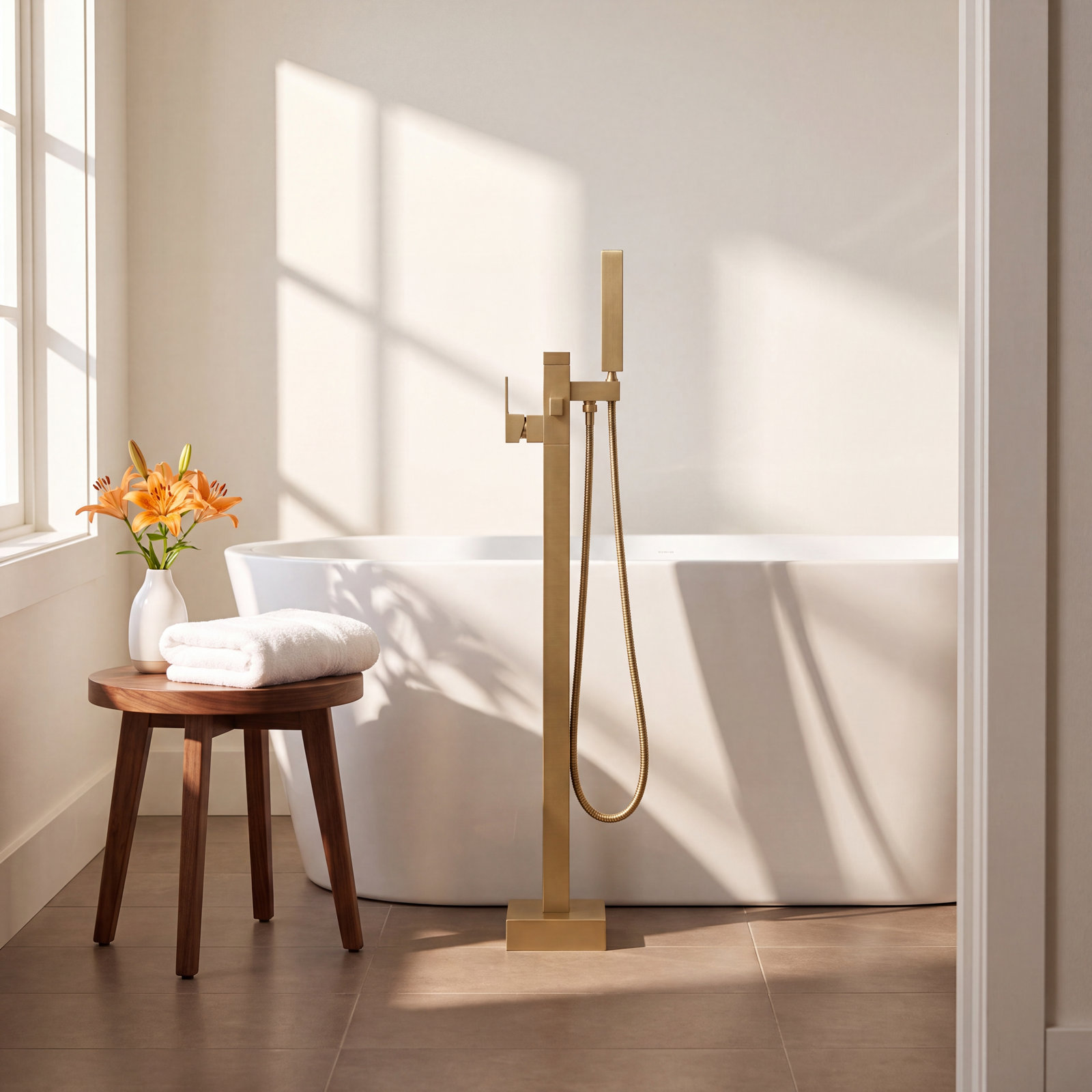 Cube Freestanding Tub Faucet with Diverter, Brushed Brass