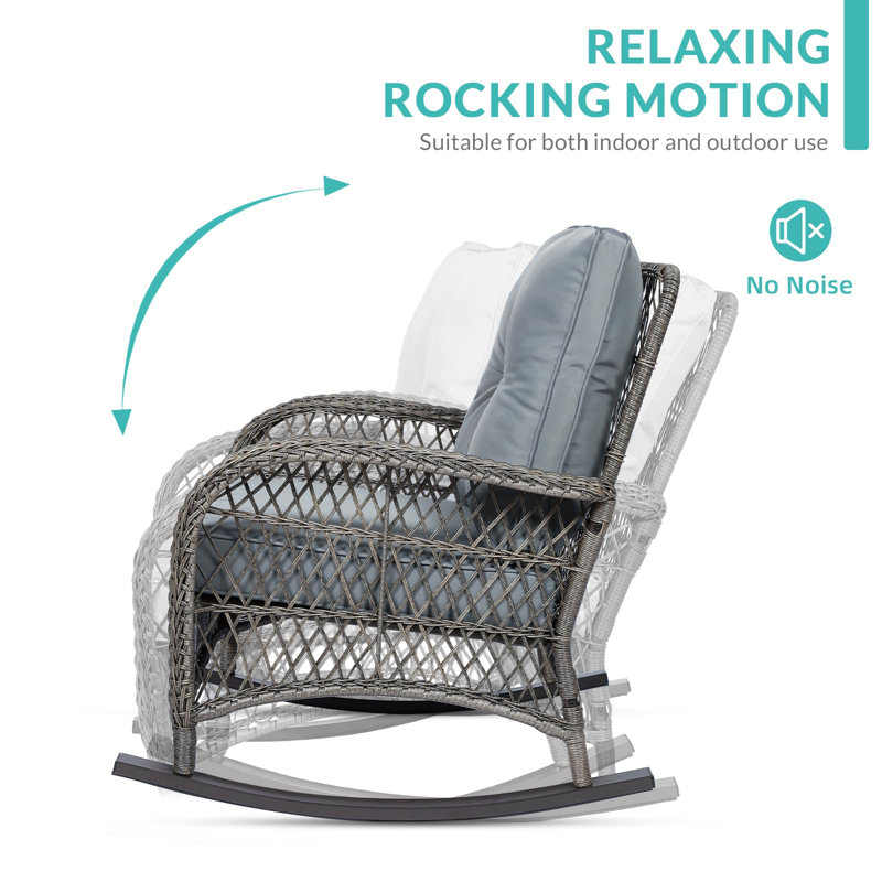 Gray Wicker Rocking Chair Set with Cushions and Glass-top Table