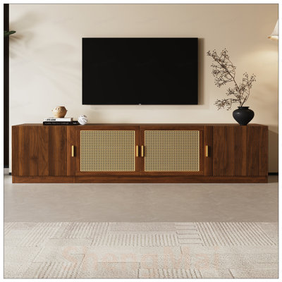Meuble télé rétro pour téléviseur de 85 po ou moins, console média avec portes en rotin et tablettes réglables pour le salon