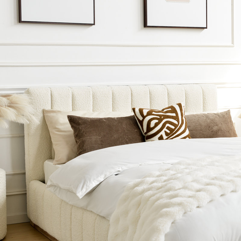 Ciaran Braesyn Platform Bed Frame Boucle Upholstered Headboard and Wooden Slats Support, No Box Spring Needed, Cream, Queen