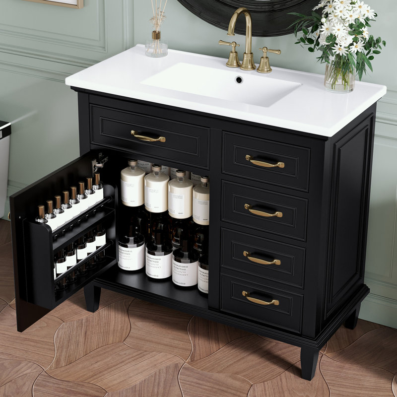 Bathroom Vanity with Sink, Flip Drawers and Adjustable Shelf, Black/Gold