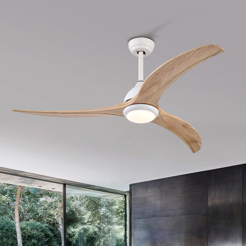 Ventilateur de plafond à pales en bois massif, ventilateur de plafond intérieur extérieur avec lumière avec télécommande, moteur réversible silencieux, 6 vitesses, 3 couleurs