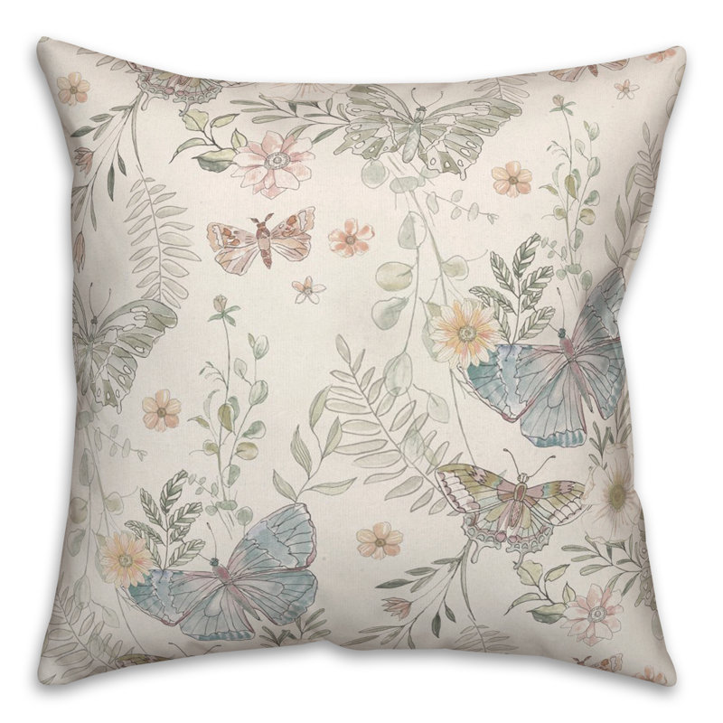 Cream Floral Reversible Polyester Square Throw Pillow