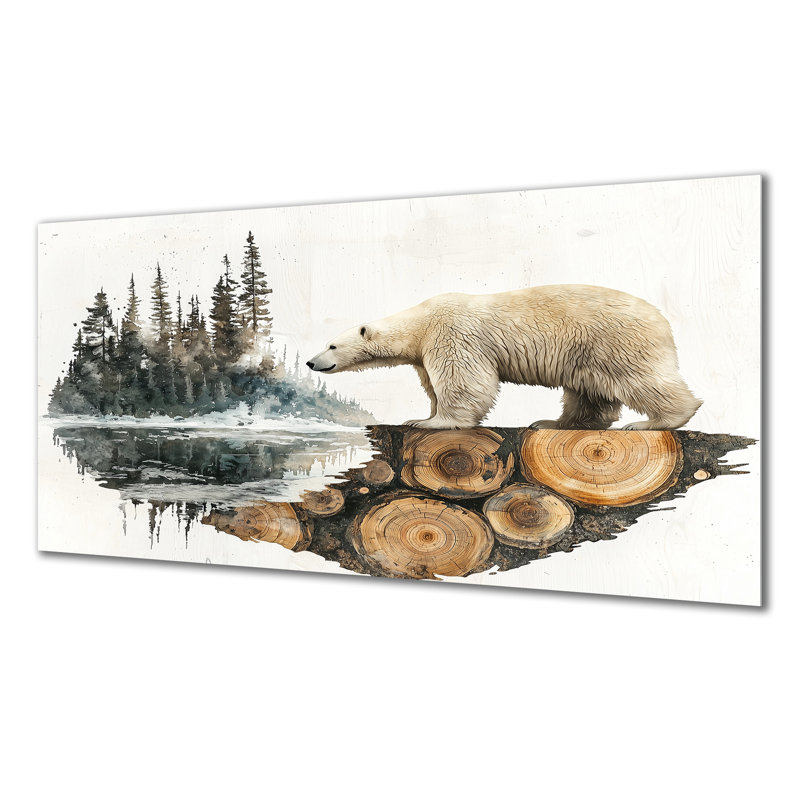 Hiver, ours polaire en forêt, paysage I, H 28 po x l 60 po