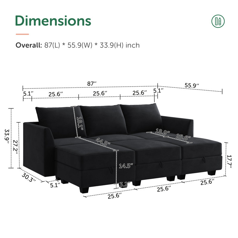 Tremee Modular Sectional Couch for Living Room, Black Velvet