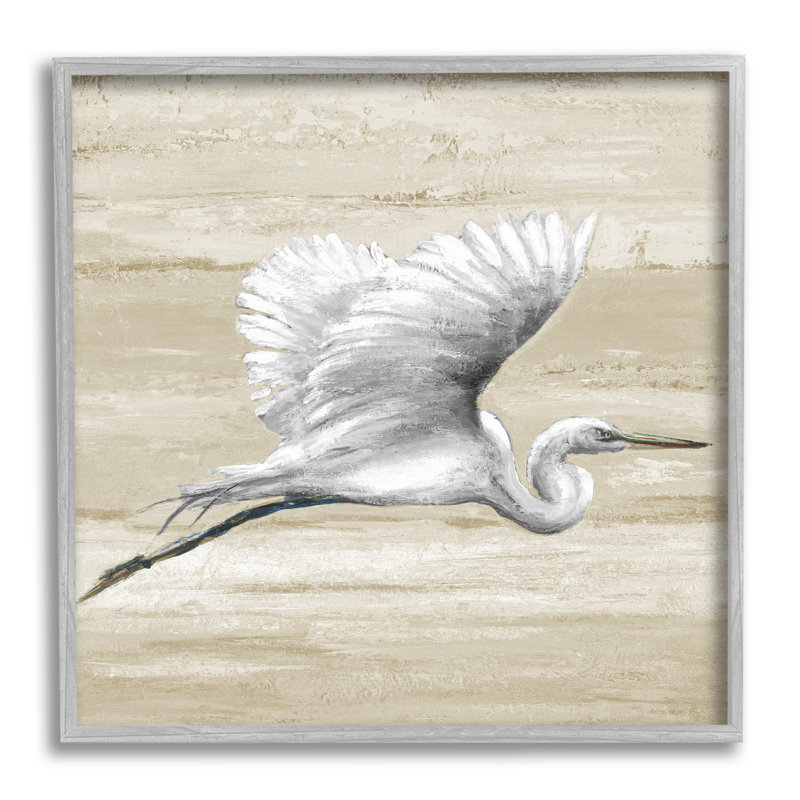 Héron volant, sable, fond texturé, tons naturels, Patria Pinto, H 17 po x l 17 po, Estampe numérique Farmhouse