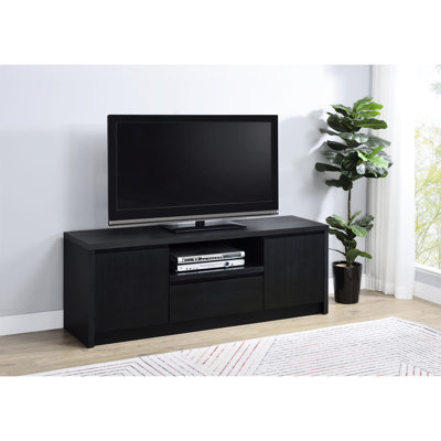 Élégante console média noire avec 2 portes, 2 tiroirs et une tablette ouverte pour les téléviseurs de 60 à 69 pouces, un meuble télé moderne idéal pour les petits espaces
