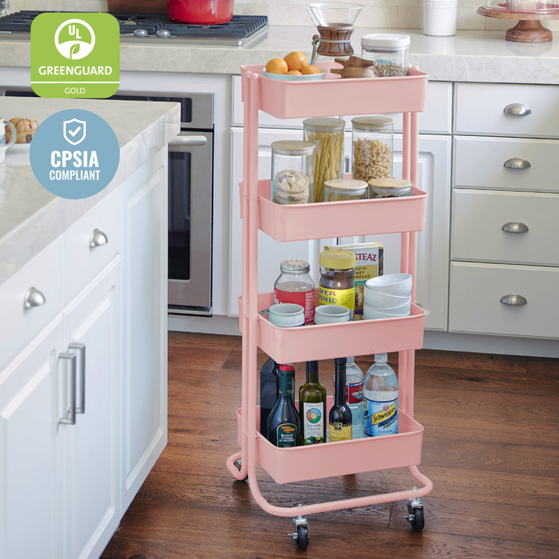 Blush Pink 4-Tier Metal Rolling Utility Cart