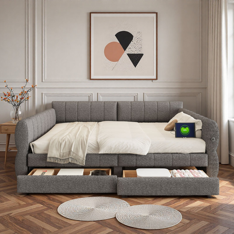 Upholstered Daybed With Usb And 2 Drawers, Gray