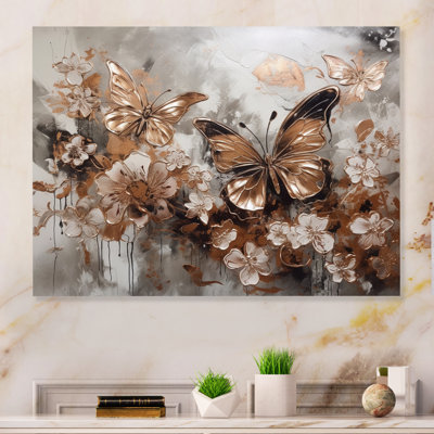 «Ryus Rose Gold Butterfly Wings And Flowers I», reproduction sur toile