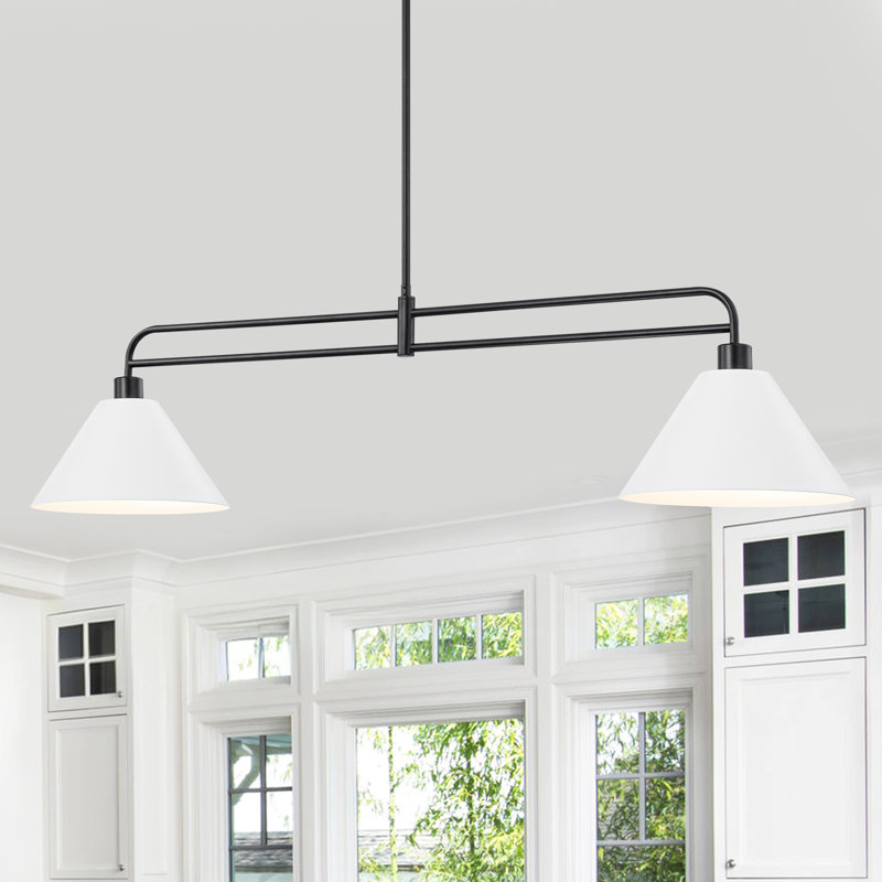Black And White Linear Chandelier 47 Inch, Modern 2-Light Kitchen Island Light Fixture With Adjustable Height, Matte Black Metal Frame With White Shades, E26 Base For Dining Room Table Pool Table Bar