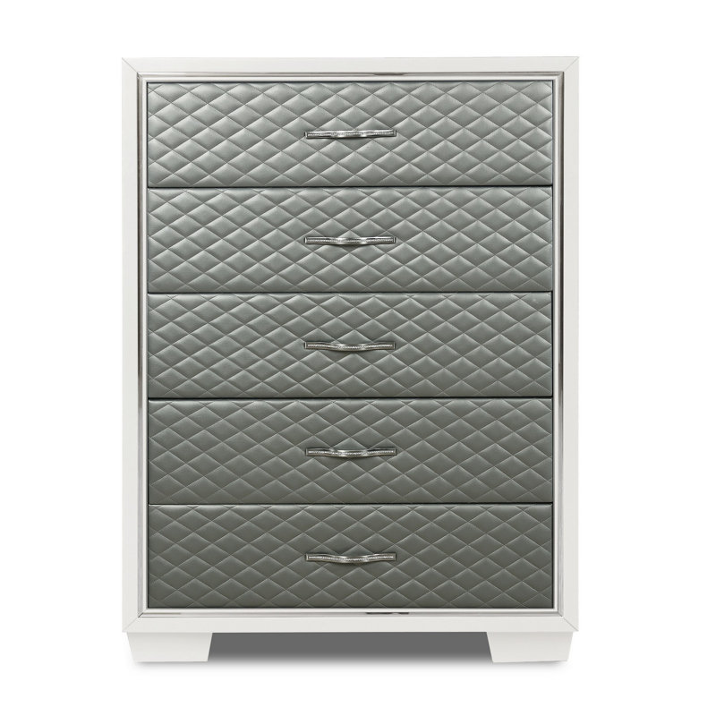 Jameca, commode haute 54 po, 5 tiroirs, revêtement argenté sur bois blanc