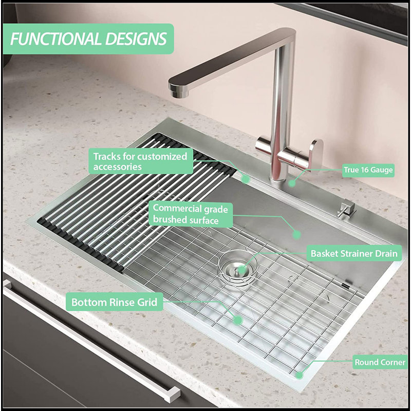 Drop-In 16 Gauge Kitchen Sink R10 Radius Stainless Steel Kitchen Sink Single Bowl With Intergrated Ledge & Accessories (Pack Of 5)