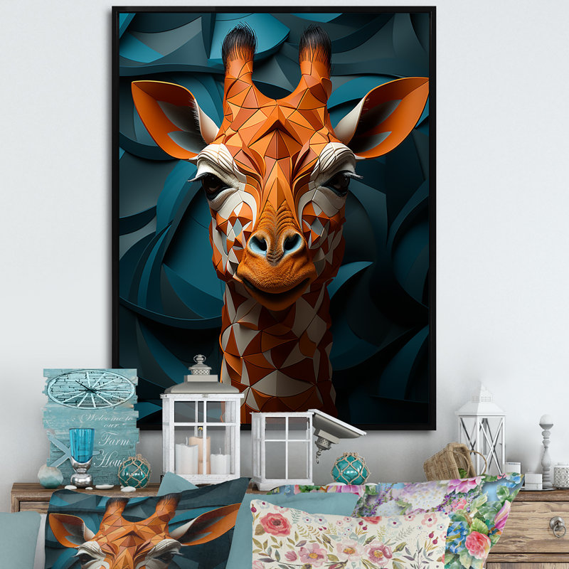 «Green Giraffe Cubist Grace I», reproduction sur toile, Cadre flottant noir, H 44 po x l 34 po x P 1,5 po