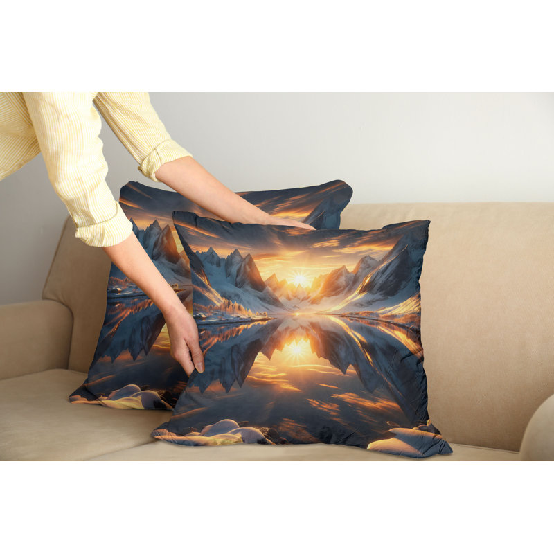 Orange and Dark Blue Mountain Lake Microfiber Throw Pillow Set