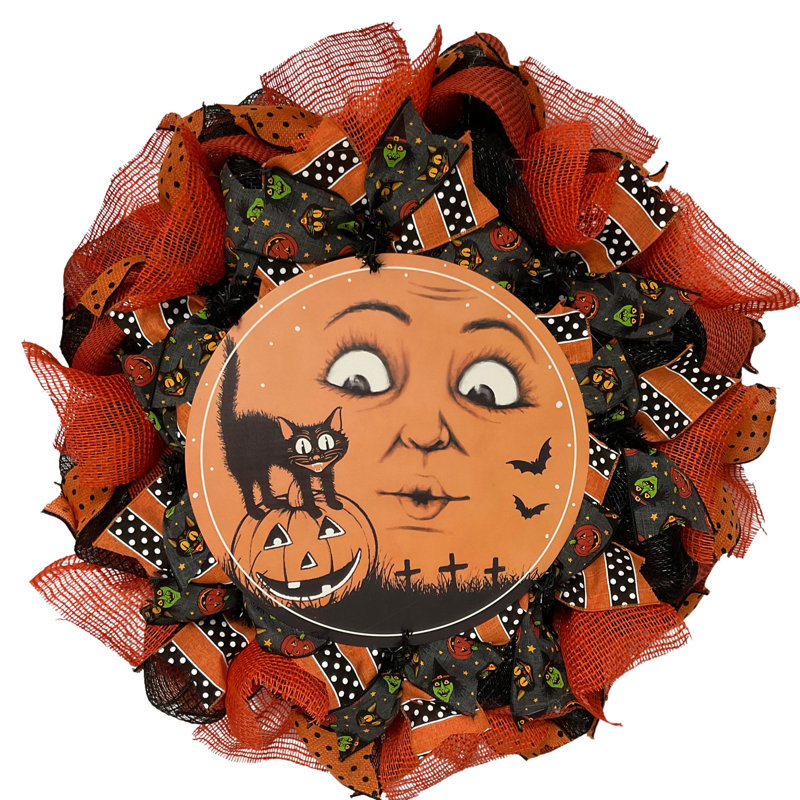 Couronne d'Halloween d'inspiration vintage Black Cat By Moon, 24 Inch