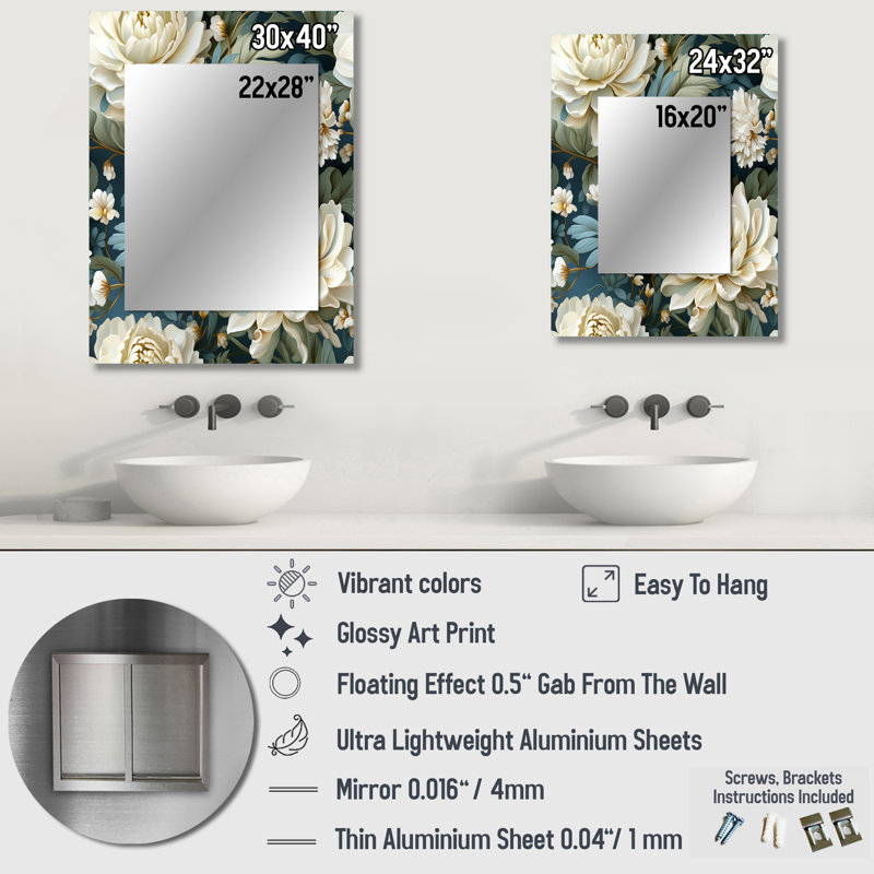 Cedri beige et vert naturel damassé sérénité - miroir floral, miroir mural floral unique, impression d'art en métal