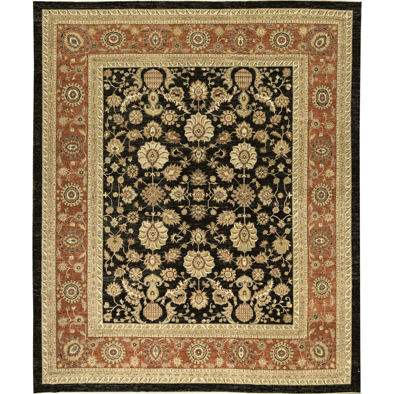 Tapis noir, jaune et rouge noué à la main de haute qualité