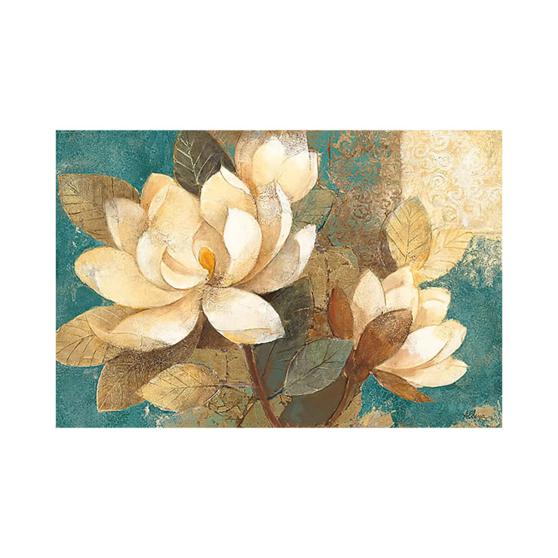 «Turquoise Magnolias» par Albena Hristova - reproduction d'art, H 26 po x l 40 po x 1,5 po, Toile tendue