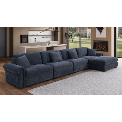 Errett Modern Fabric L-shape Sofa Sectional With Movable Ottoman