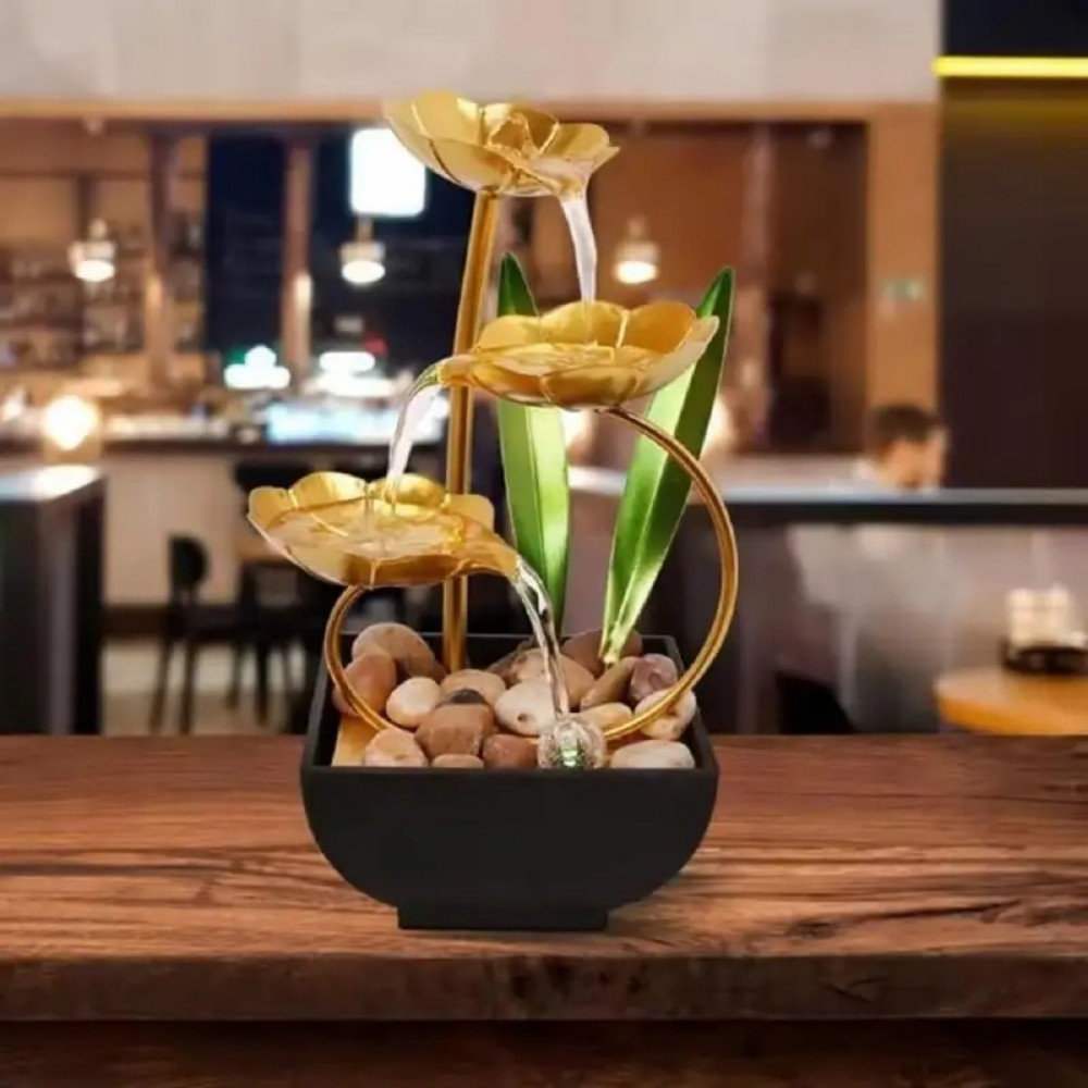 USB-Powered Tabletop Fountain with Waterfall \u0026 Golden Leaf Design, Natural River Pebbles - Resin Zen Decor for Office, Living Room, Bedroom - Soothing, image size:1000x1000