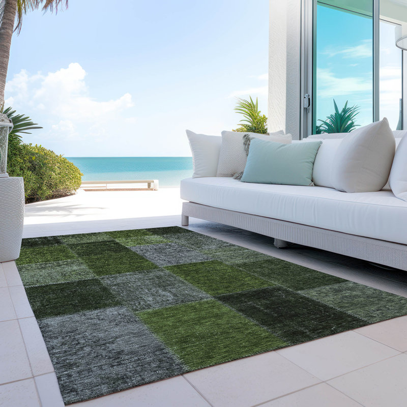 Tapis vert / noir / gris en polyester tissé à la machine Ayush, Rectangle 9 pi x 12 pi
